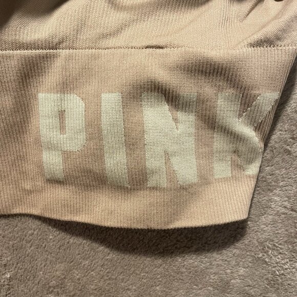 Victoria's Secret Pink Active Sports Bra Large Seamless Beige Ribbed Logo Tan - Picture 4 of 6